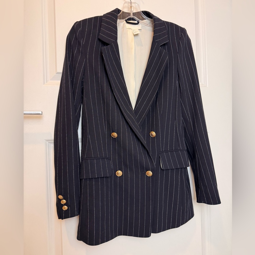 H&M Double-Breasted Pinstripe Blazer Navy Blue Gold Button‎ Jacket Size 0